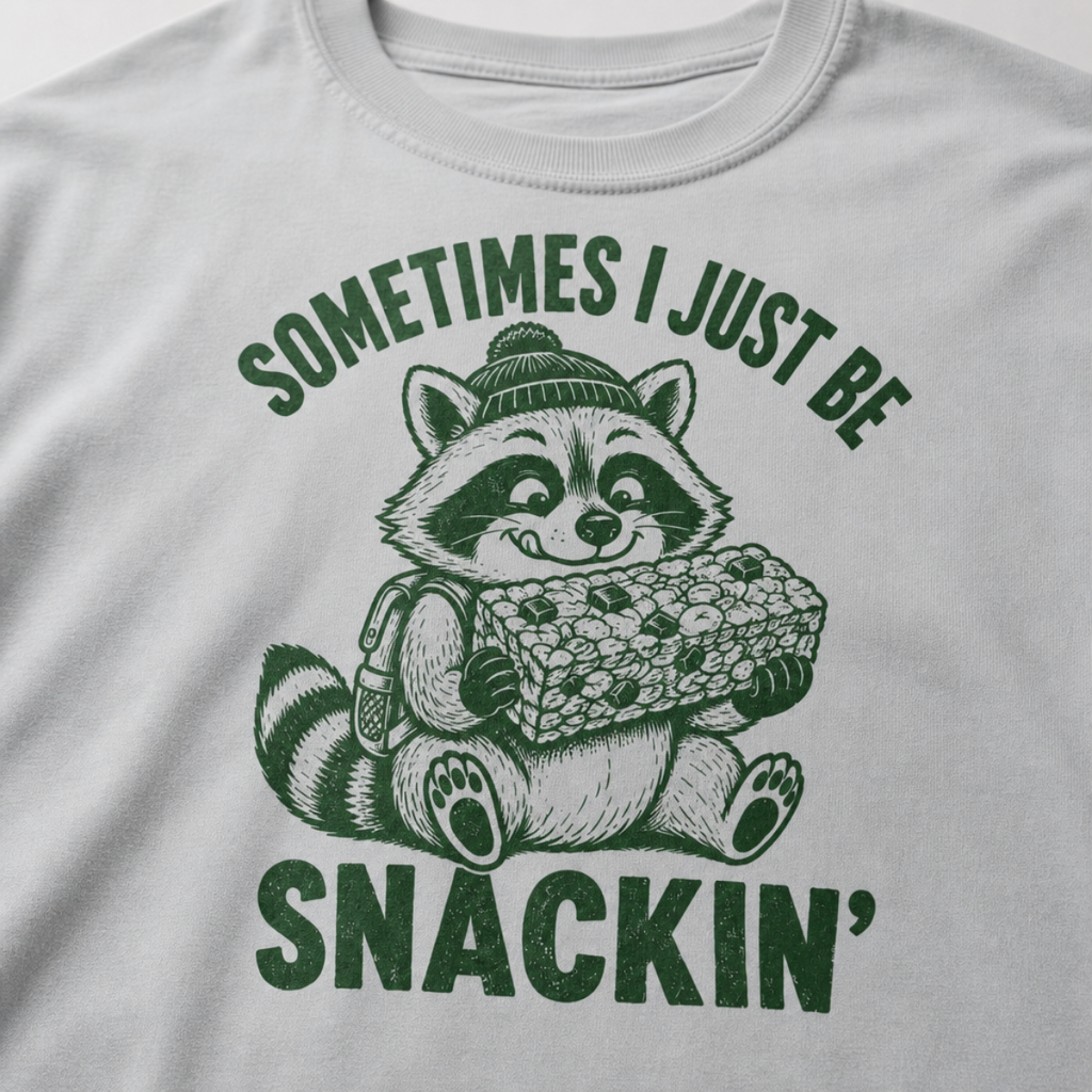 Close-up of a granite gray t-shirt with a playful raccoon snack graphic and bold “Sometimes I Just Be Snackin’” text.