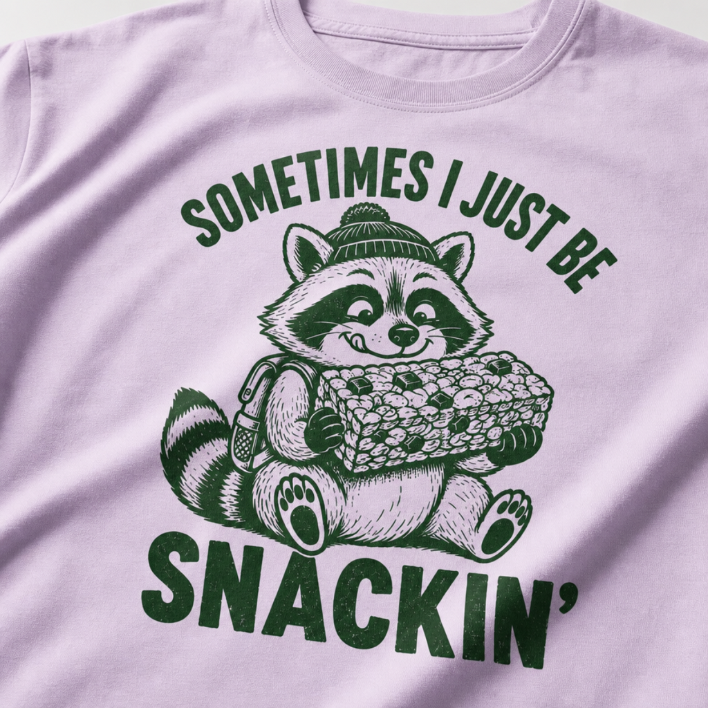 Close-up of an orchid t-shirt with a playful raccoon snack graphic and bold “Sometimes I Just Be Snackin’” text.