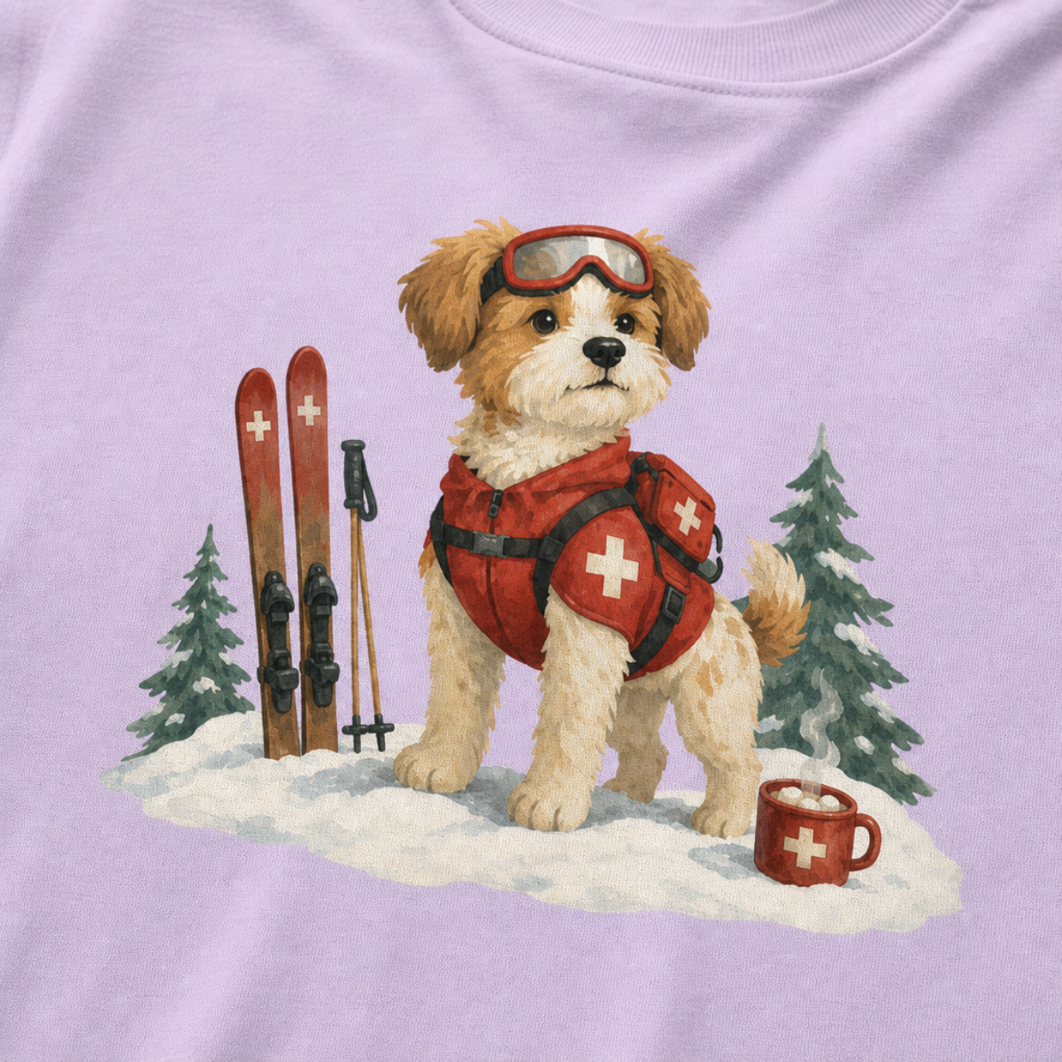 Close-up of an orchid t-shirt with a sweet ski patrol dog graphic showing a small dog in red rescue gear beside skis and a hot cocoa mug.