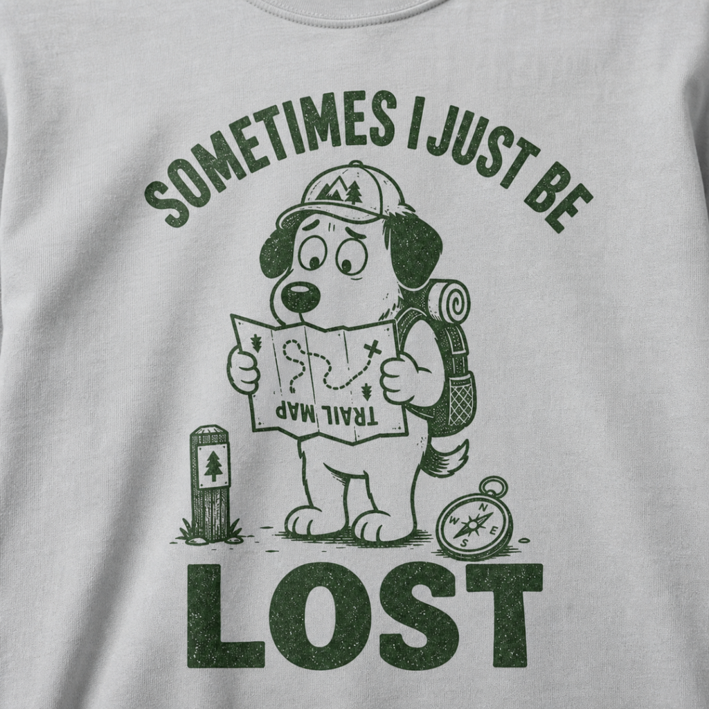 Close-up of a granite gray t-shirt with a green “Sometimes I Just Be Lost” trail design showing a confused dog reading an upside-down map.