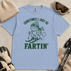 Flat lay of a washed denim blue t-shirt featuring a funny frog skiing graphic with “Sometimes I Just Be Fartin’” text, styled with winter accessories.