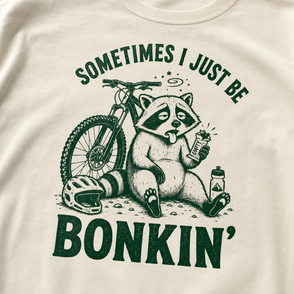 Close-up of an ivory white t-shirt with a funny green mountain biking design showing a tired raccoon bonking beside a bike, helmet, water bottle, and snack bar.