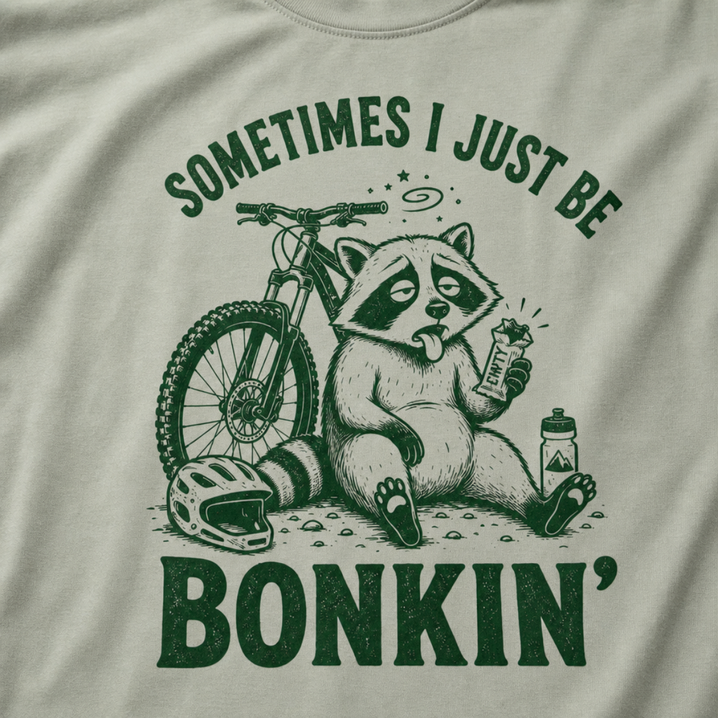Close-up of a bay green t-shirt with a funny green mountain biking design showing a tired raccoon bonking beside a bike, helmet, water bottle, and snack bar.