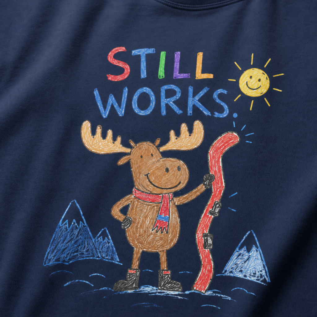 Close-up of a navy t-shirt with a playful crayon-style ski design showing a smiling moose holding a red ski, with “Still Works.” text.
