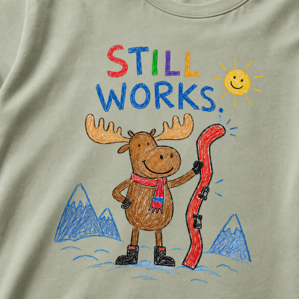 Close-up of a bay green t-shirt with a playful crayon-style ski design showing a smiling moose holding a red ski, with “Still Works.” text.