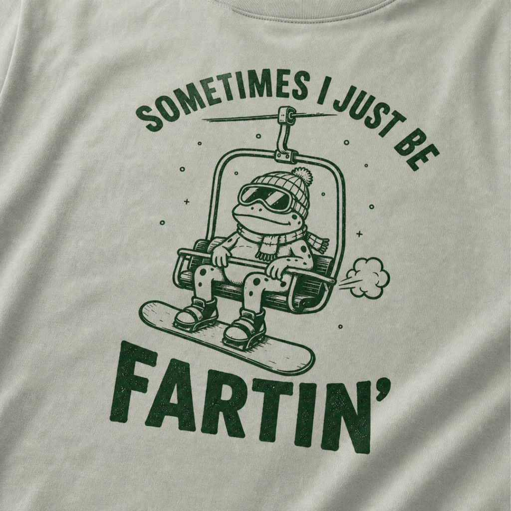 Close-up of a bay green t-shirt with a playful frog chairlift graphic and bold “Sometimes I Just Be Fartin’” text.