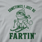 Close-up of a granite gray t-shirt with a green “Sometimes I Just Be Fartin’” ski design showing a deadpan frog skiing with a small puff behind it.