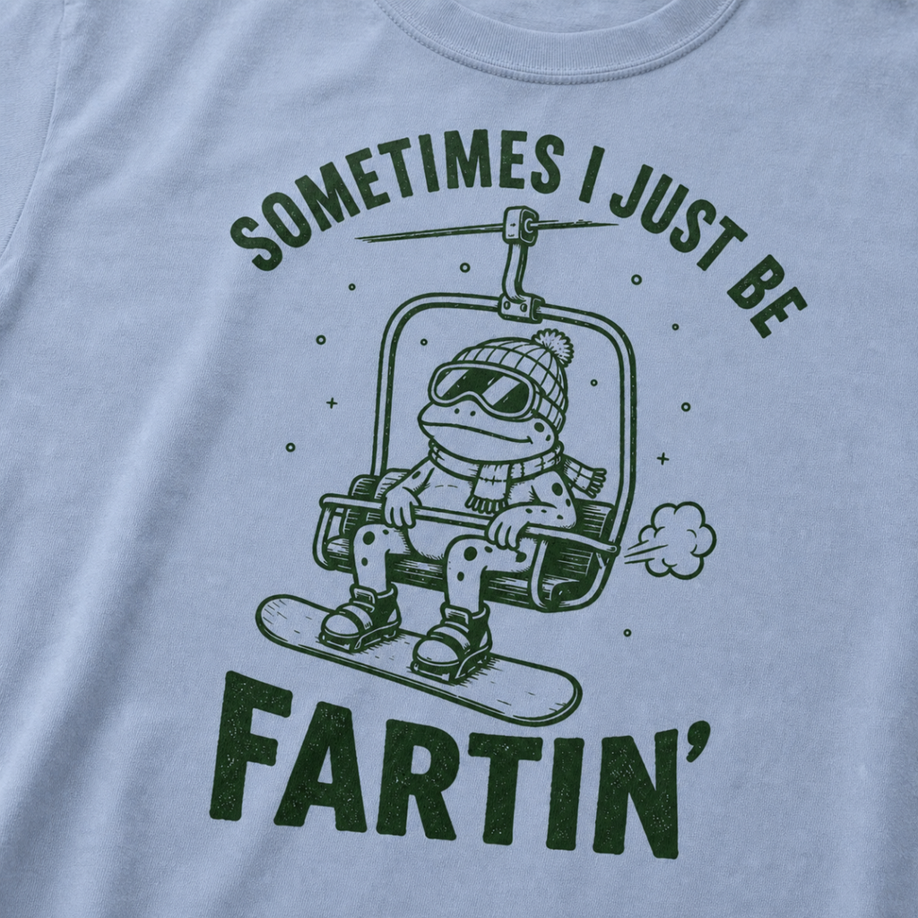 Close-up of a washed denim blue t-shirt with a playful frog chairlift graphic and bold “Sometimes I Just Be Fartin’” text.
