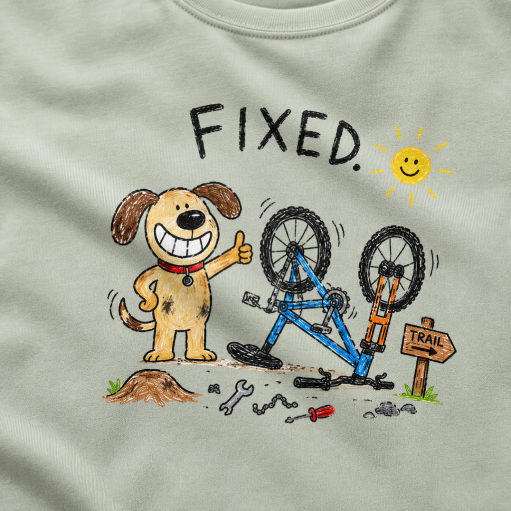 Close-up of a bay green t-shirt with a playful hand-drawn dog giving a thumbs up beside a repaired upside-down bike, scattered tools, and “FIXED.” text.