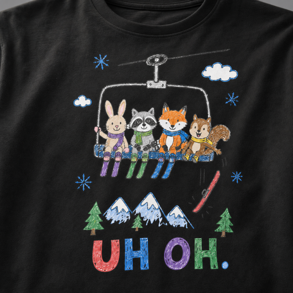 Close-up of a black t-shirt with a childlike crayon-style ski design showing four animals on a chairlift, a loose red ski falling below, and colorful “UH OH.” text.