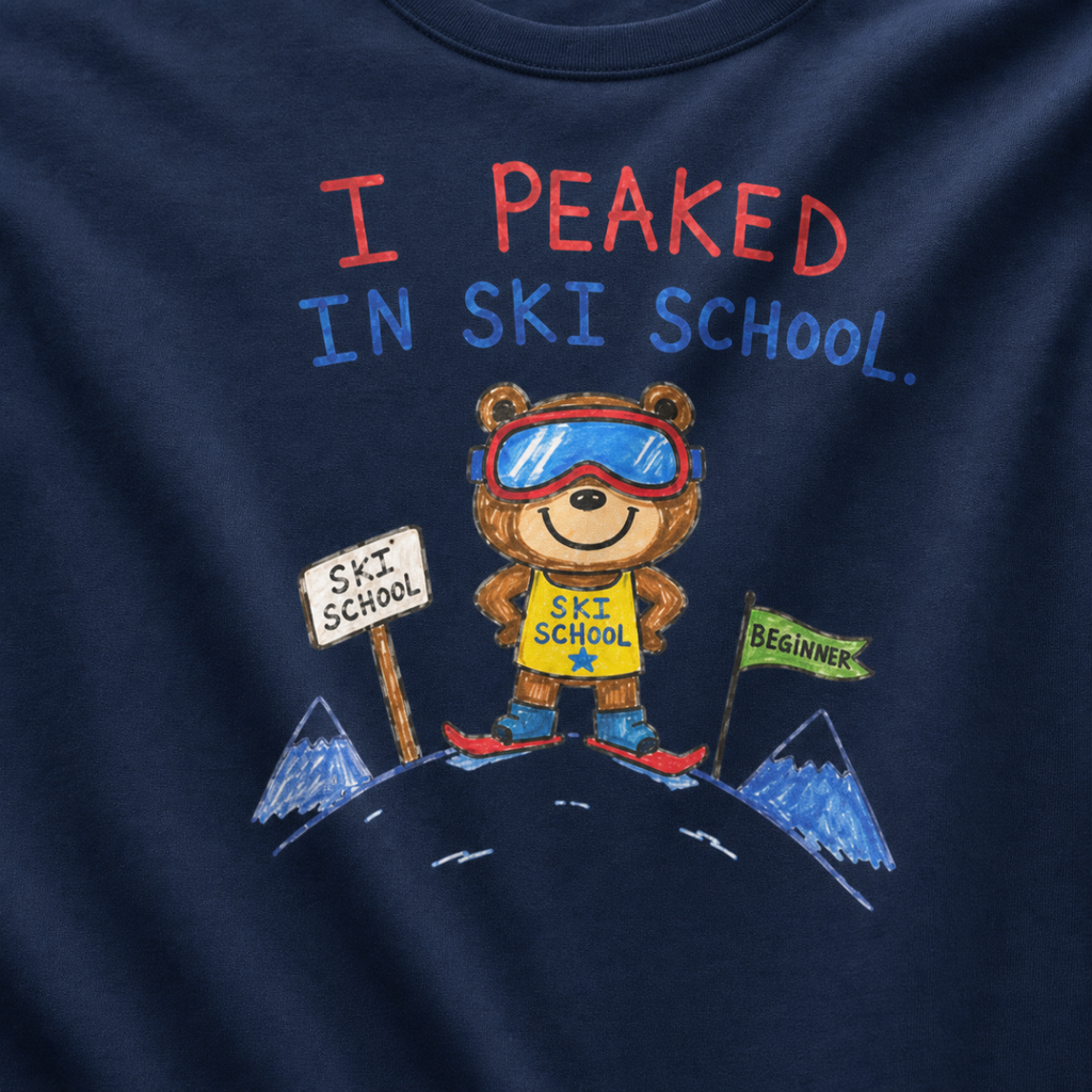 Close-up of a navy t-shirt with a playful hand-drawn bear at ski school, beginner flag, mountain details, and “I Peaked in Ski School.” text.
