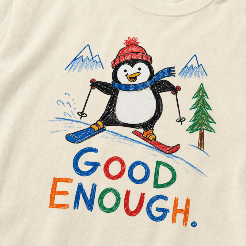 Close-up of an ivory white t-shirt with a playful hand-drawn penguin ski graphic, snowy mountain details, and large colorful “Good Enough.” text.