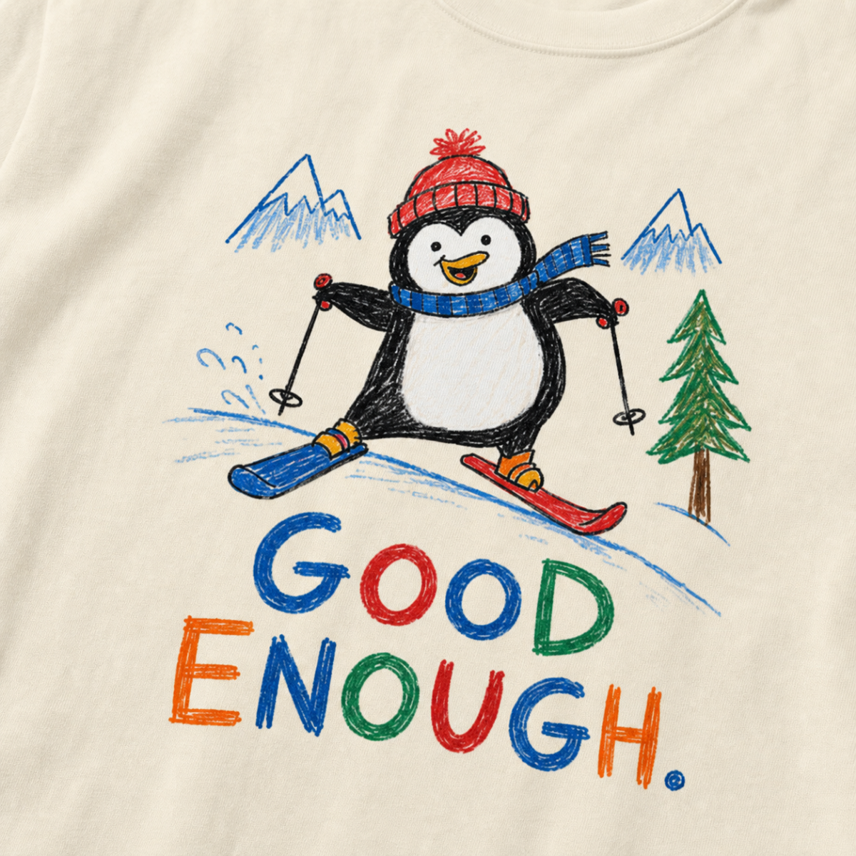 Close-up of an ivory white t-shirt with a playful hand-drawn penguin ski graphic, snowy mountain details, and large colorful “Good Enough.” text.