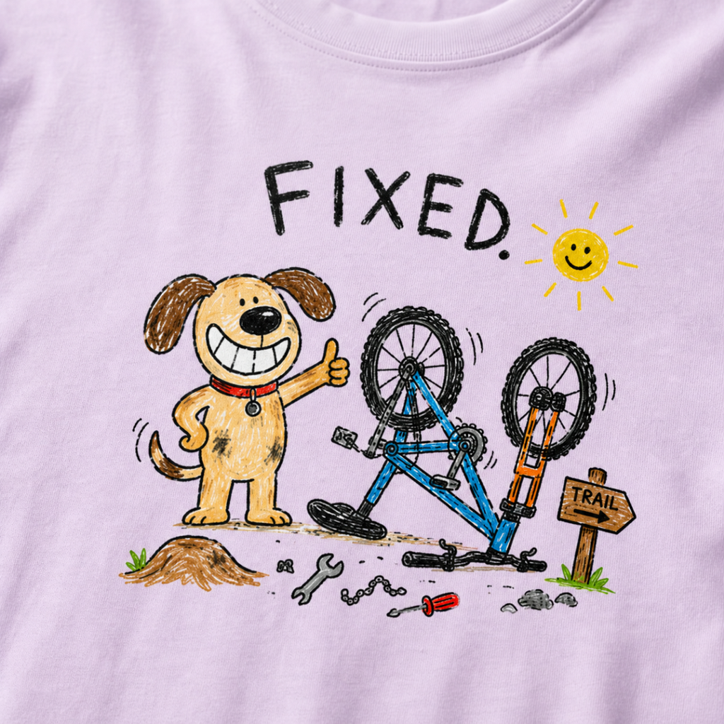 Close-up of an orchid t-shirt with a playful hand-drawn dog giving a thumbs up beside a repaired upside-down bike, scattered tools, and “FIXED.” text.