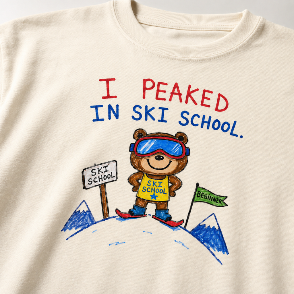 Close-up of an ivory white t-shirt with a playful hand-drawn bear at ski school, beginner flag, mountain details, and “I Peaked in Ski School.” text.