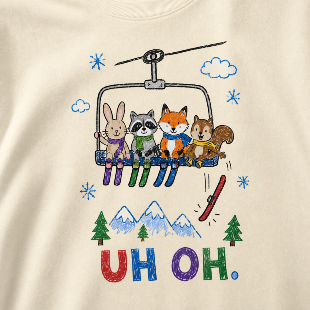 Close-up of an ivory white t-shirt with a childlike crayon-style ski design showing four animals on a chairlift, a loose red ski falling below, and colorful “UH OH.” text.