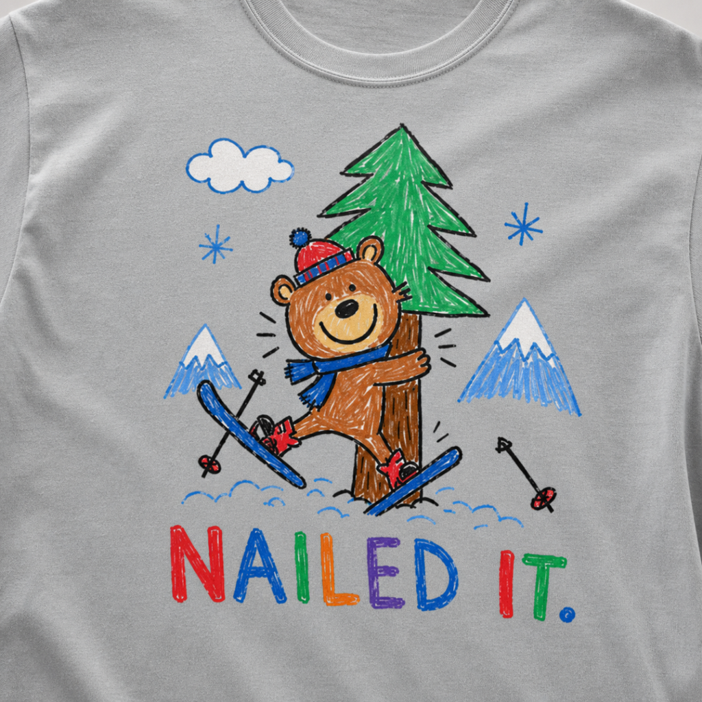 Close-up of a granite gray t-shirt with a childlike crayon-style ski design showing a smiling bear hugging a tree, with colorful “Nailed It.” text.