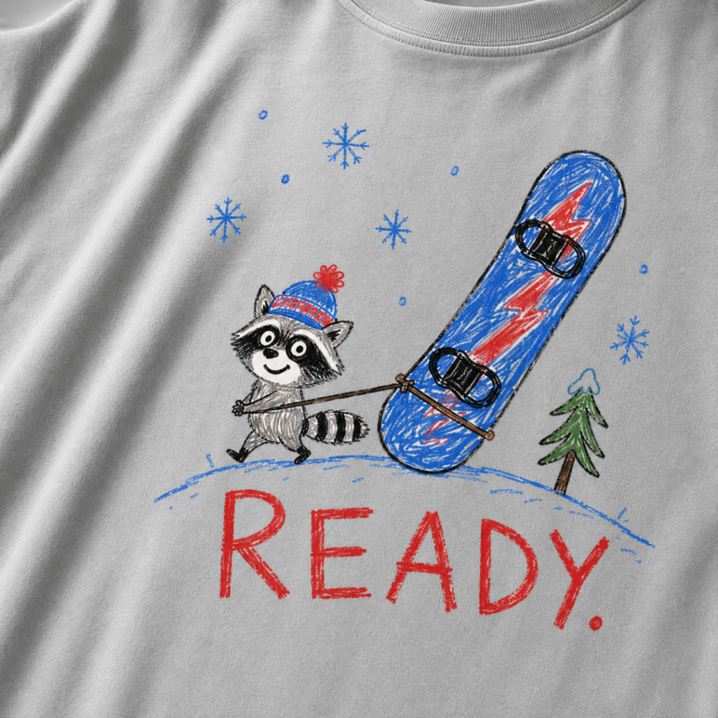 Close-up of a granite gray t-shirt with a playful hand-drawn raccoon snowboarding graphic, snowflakes, a pine tree, and large red “READY.” text.