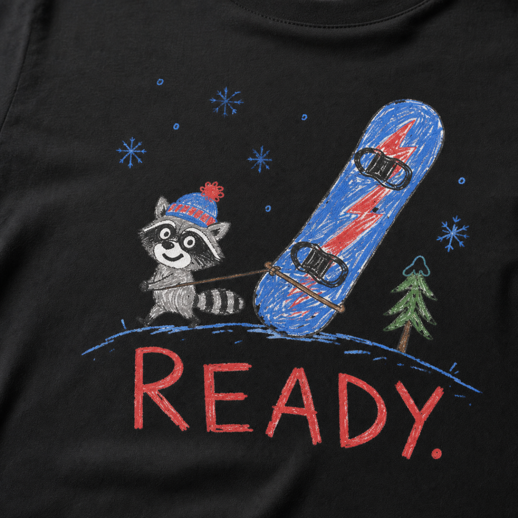 Close-up of a black t-shirt with a playful hand-drawn raccoon snowboarding graphic, snowflakes, a pine tree, and large red “READY.” text.