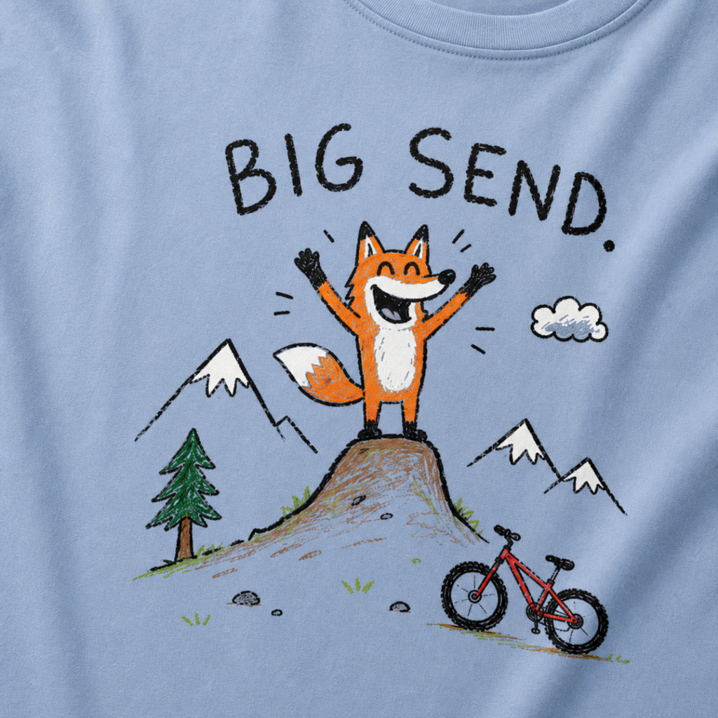 Close-up of a washed denim blue t-shirt with a childlike crayon-style mountain biking design showing a joyful fox standing on a dirt jump with “Big Send.” text.