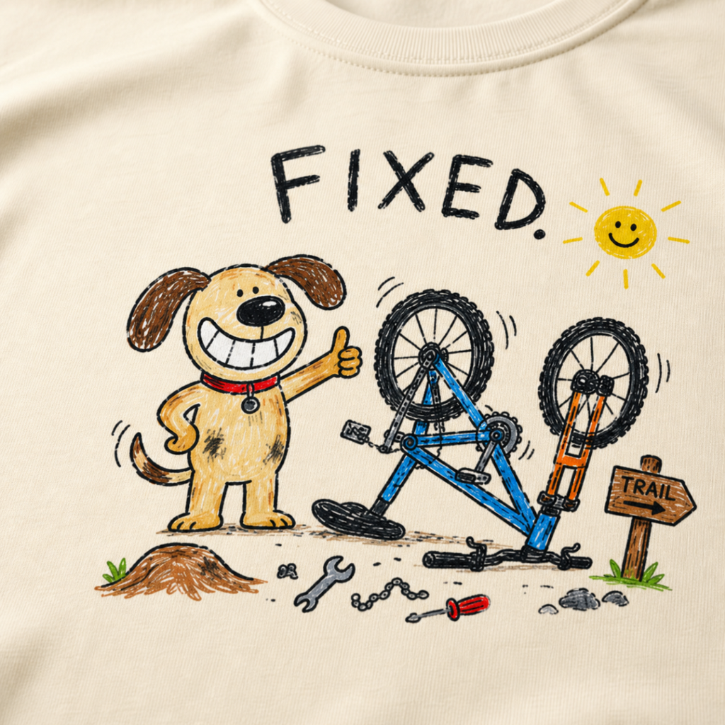 Close-up of an ivory white t-shirt with a playful hand-drawn dog giving a thumbs up beside a repaired upside-down bike, scattered tools, and “FIXED.” text.