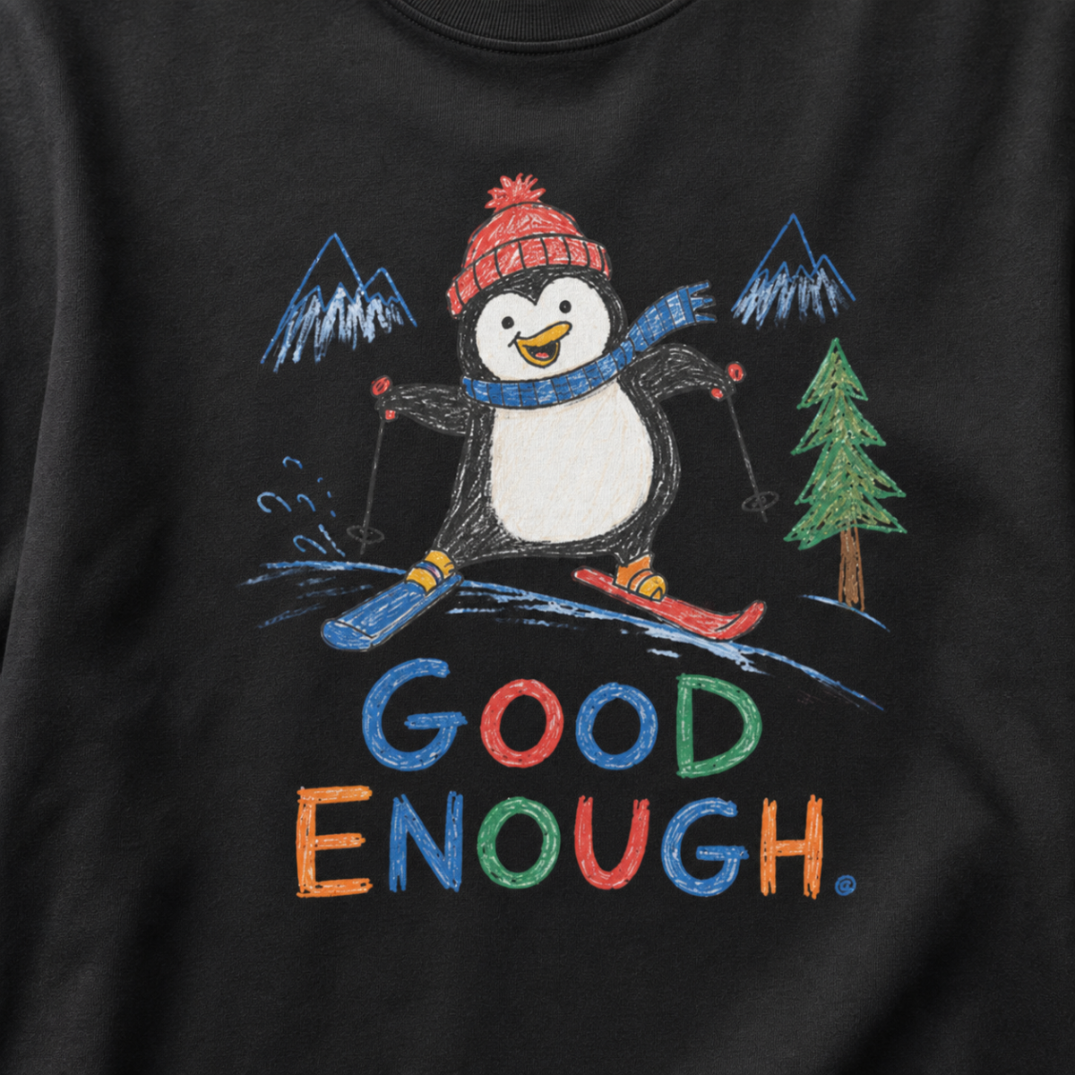 Close-up of a black t-shirt with a playful hand-drawn penguin ski graphic, snowy mountain details, and large colorful “Good Enough.” text.