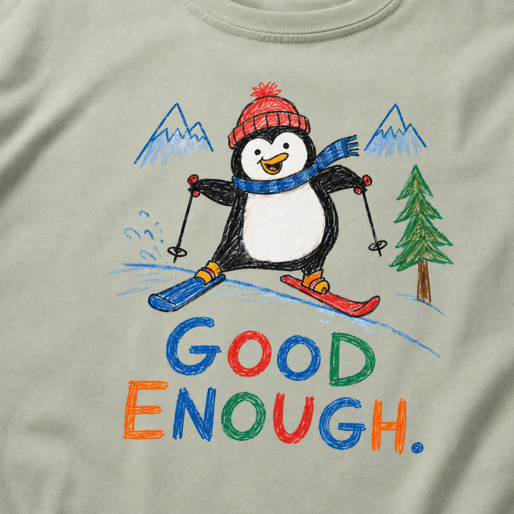 Close-up of a bay green t-shirt with a playful hand-drawn penguin ski graphic, snowy mountain details, and large colorful “Good Enough.” text.