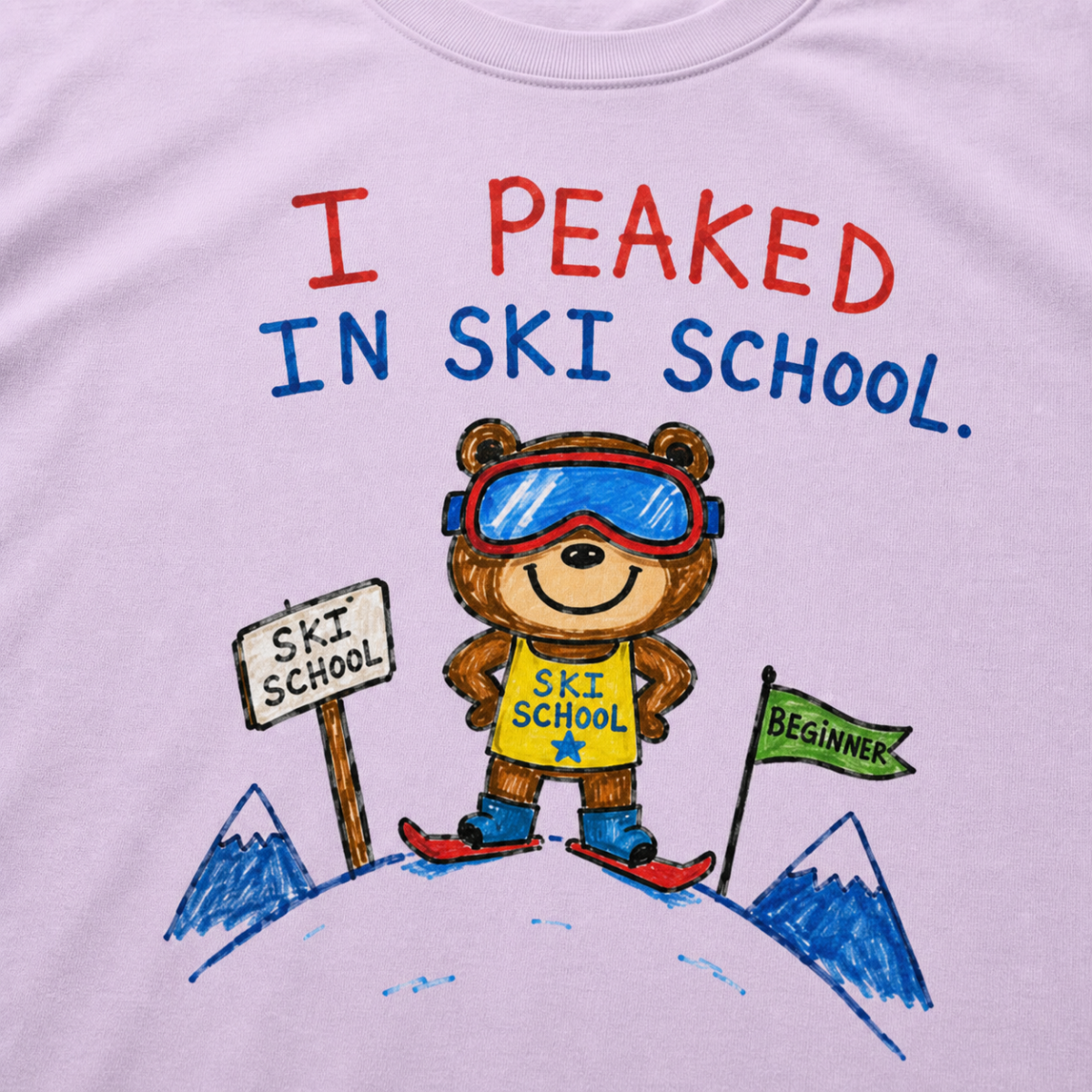 Close-up of an orchid t-shirt with a playful hand-drawn bear at ski school, beginner flag, mountain details, and “I Peaked in Ski School.” text.