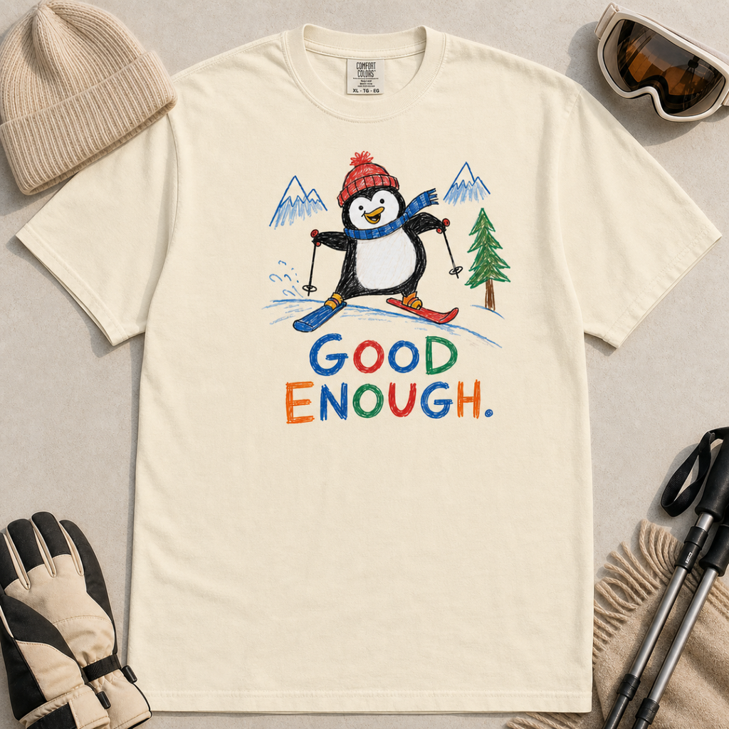 Flat lay of an ivory white t-shirt featuring a childlike crayon-style ski design with a happy penguin skiing downhill, mountains, a pine tree, and colorful “Good Enough.” text.