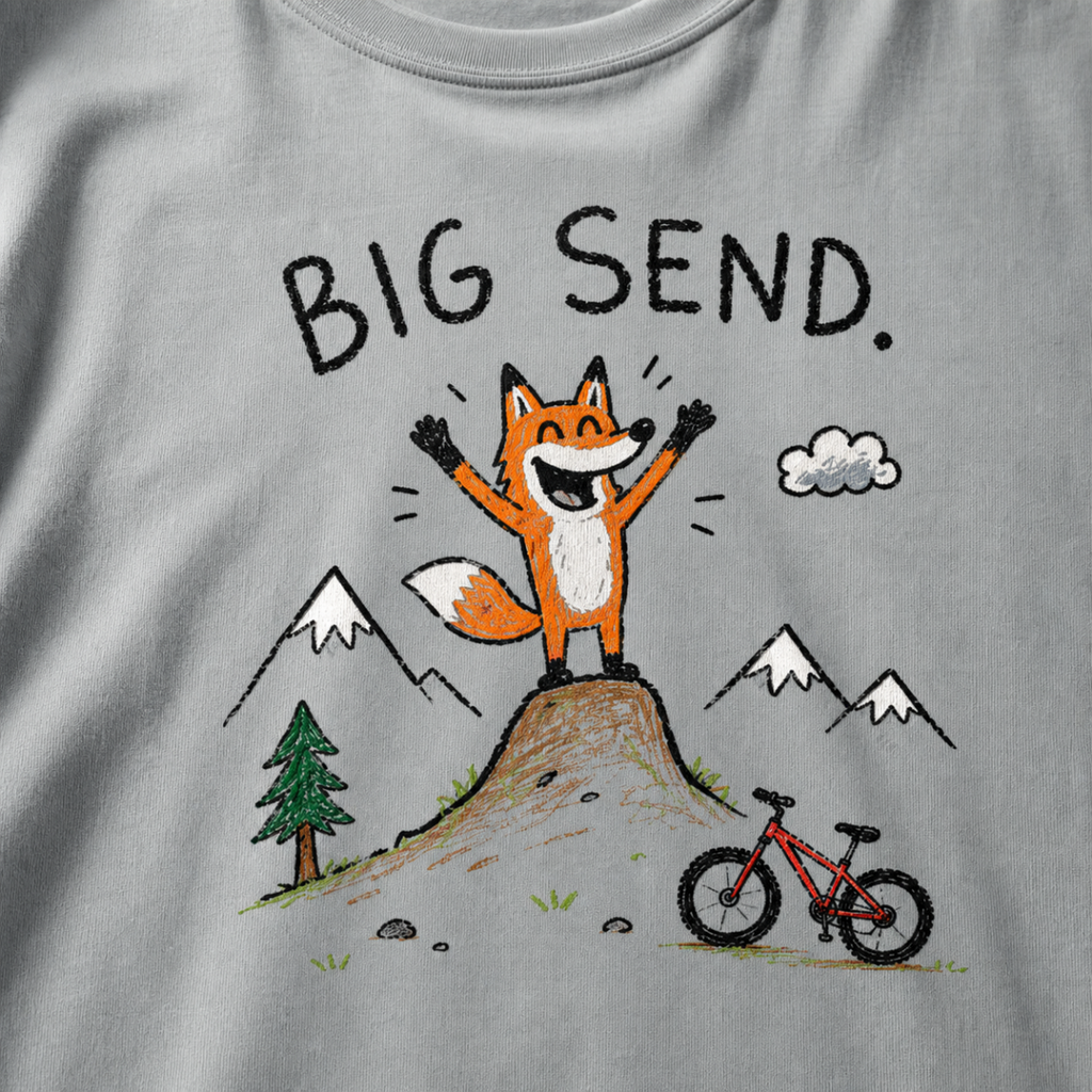Flat lay of a granite gray t-shirt featuring a playful hand-drawn fox mountain bike graphic with mountains, a small bike, and “Big Send.” text.
