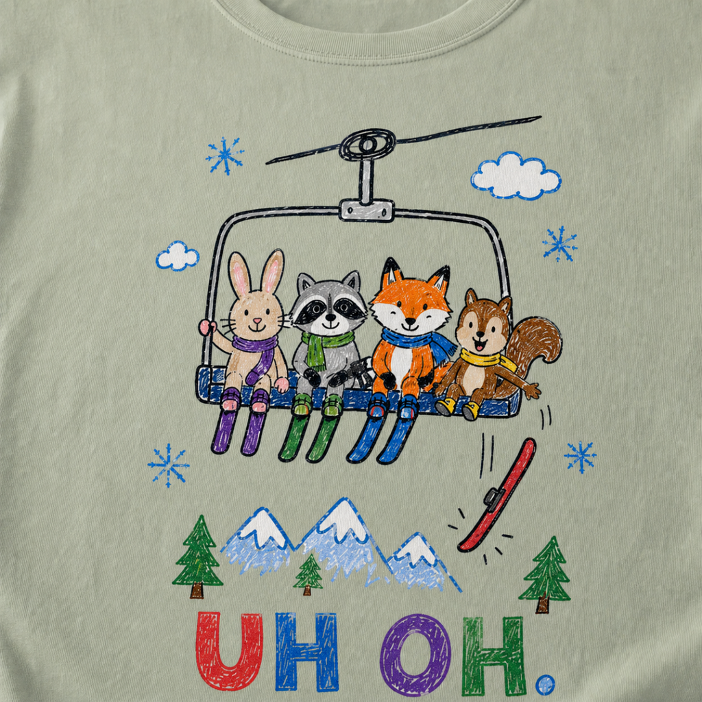 Close-up of a bay green t-shirt with a childlike crayon-style ski design showing four animals on a chairlift, a loose red ski falling below, and colorful “UH OH.” text.