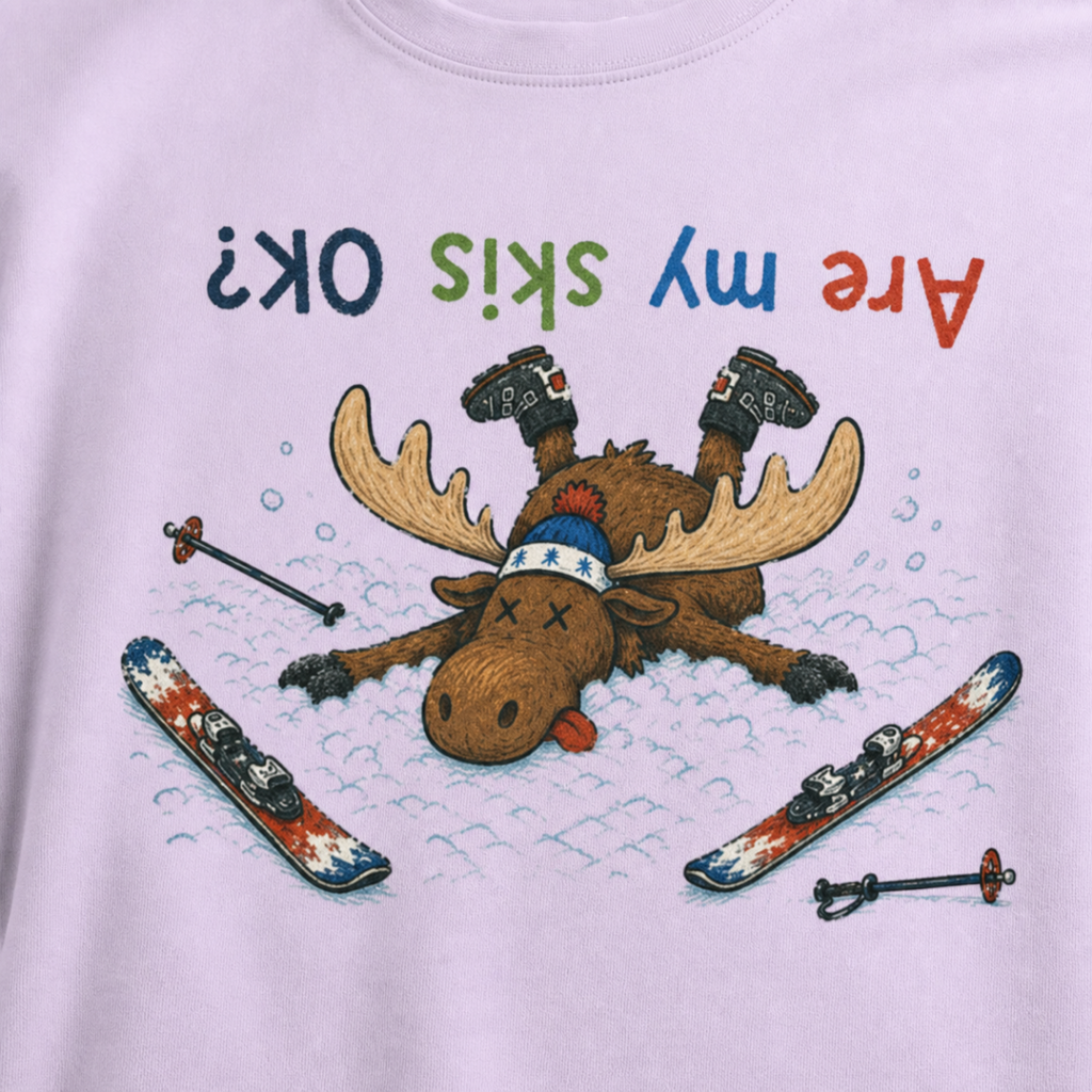 Close-up of an orchid t-shirt showing a crashed moose lying upside down in the snow with loose ski gear and colorful “Are My Skis OK?” text.