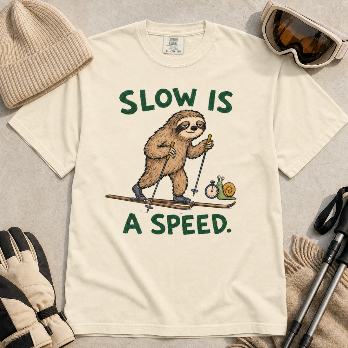 Flat lay of an ivory white t-shirt with a humorous sloth skiing graphic, a stopwatch-holding snail, and bold green “Slow Is a Speed.” text.