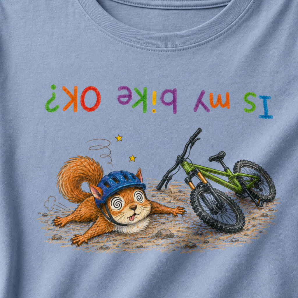 Close-up of a washed denim blue t-shirt showing a dazed squirrel after a mountain bike crash beside a green bike, with colourful upside-down “Is My Bike OK?” text.