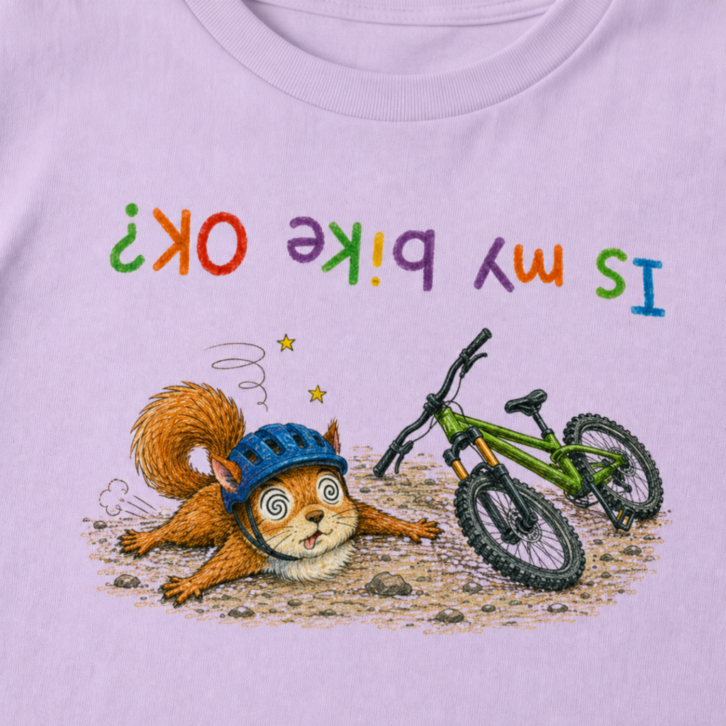 Close-up of an orchid colored t-shirt showing a dazed squirrel after a mountain bike crash beside a green bike, with colourful upside-down “Is My Bike OK?” text.