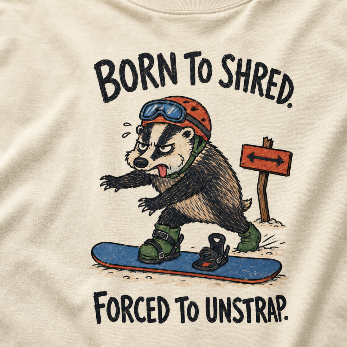 Close-up of an ivory white t-shirt showing a tired badger unstrapping from a snowboard near a direction sign, with “Born to Shred. Forced to Unstrap.” text.