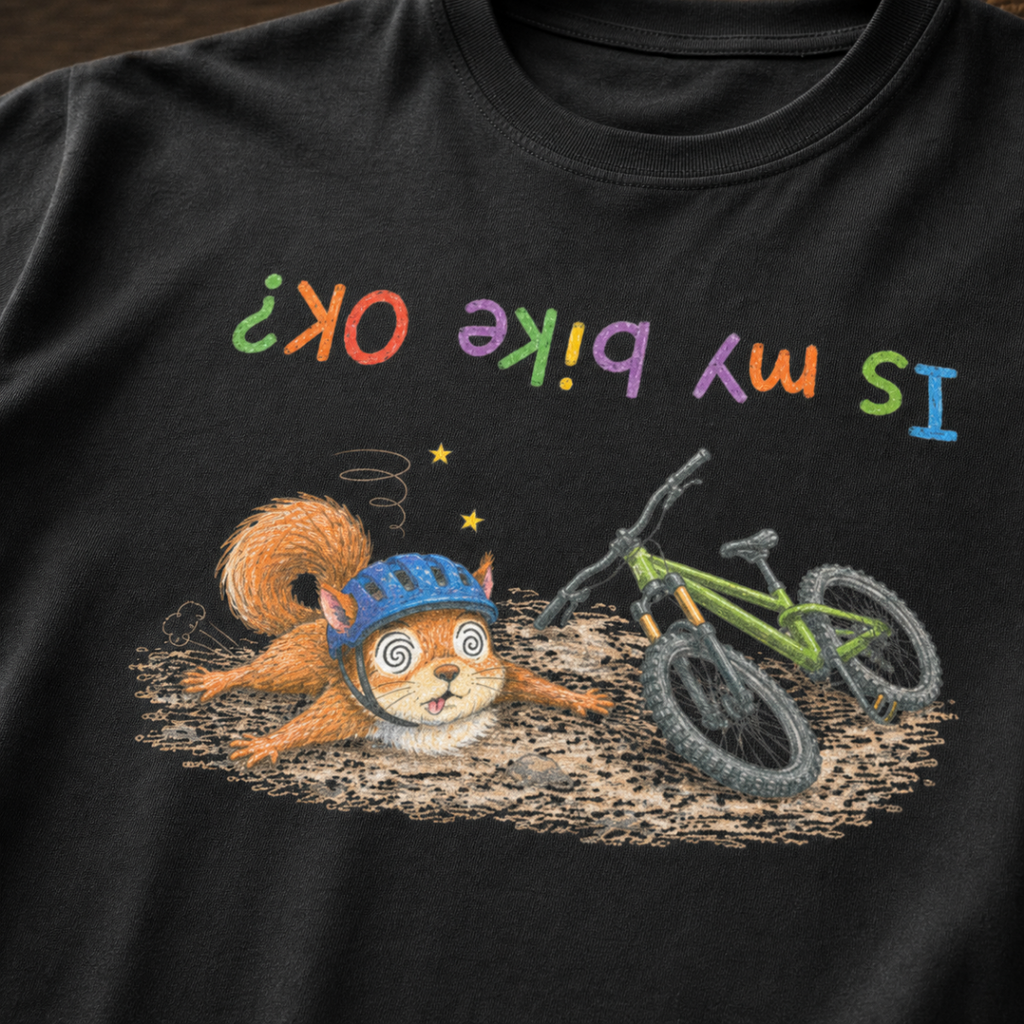Close-up of a black t-shirt showing a dazed squirrel after a mountain bike crash beside a green bike, with colourful upside-down “Is My Bike OK?” text.