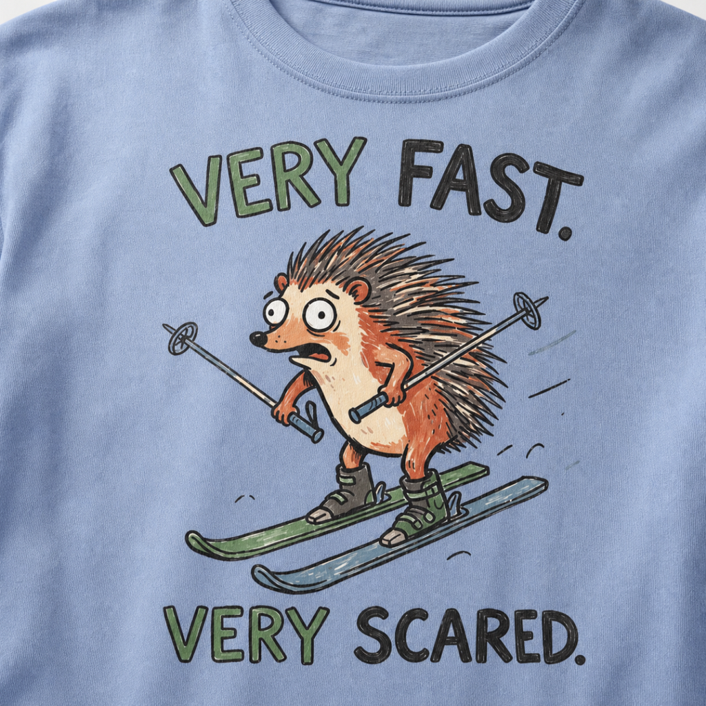 Close-up of a washed denim blue t-shirt with a playful hedgehog ski graphic showing the wide-eyed animal racing downhill with poles and mismatched skis.