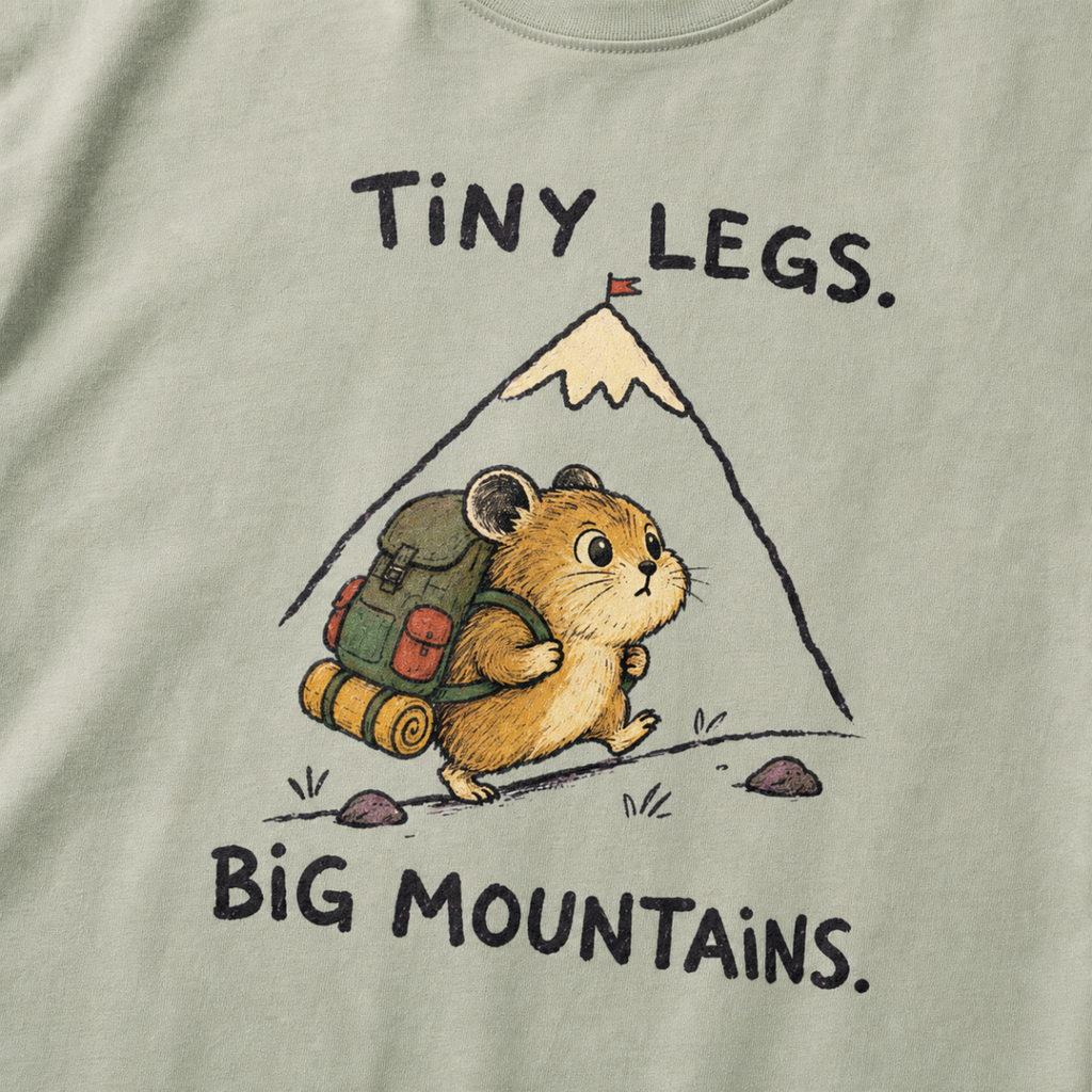 Close-up of a bay green t-shirt featuring a determined hamster hiking uphill with a large backpack beneath “Tiny Legs. Big Mountains.” text.