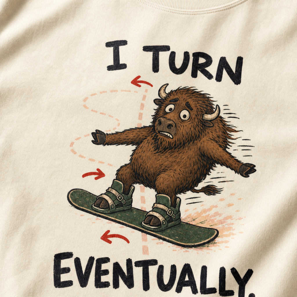 Close-up of an ivory white t-shirt showing a wide-eyed bison struggling to steer a snowboard, with directional arrows and “I Turn Eventually.” text.