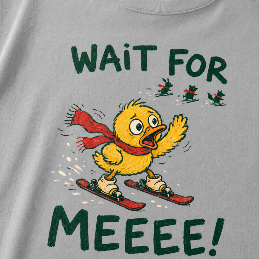 Close-up of a granite gray t-shirt showing a worried duck skier calling after three distant animals, with bold “Wait for Meeee!” text.