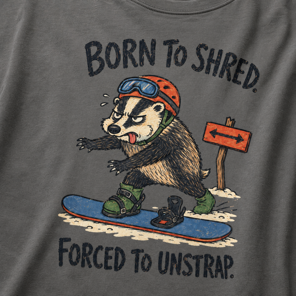 Close-up of a pepper gray t-shirt showing a tired badger unstrapping from a snowboard near a direction sign, with “Born to Shred. Forced to Unstrap.” text.