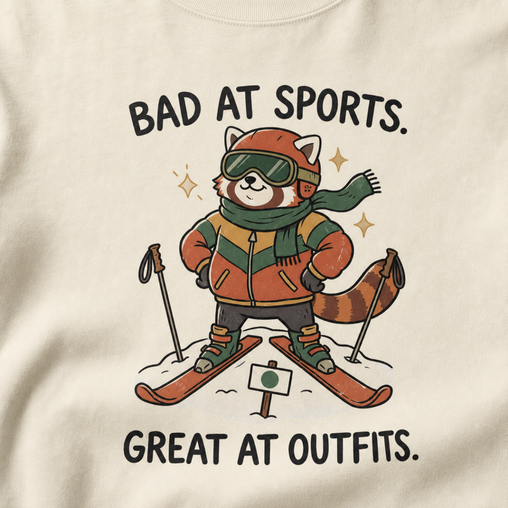 Close-up of an ivory white t-shirt featuring a stylish red panda skier posing in coordinated winter gear with “Bad at Sports. Great at Outfits.” text.