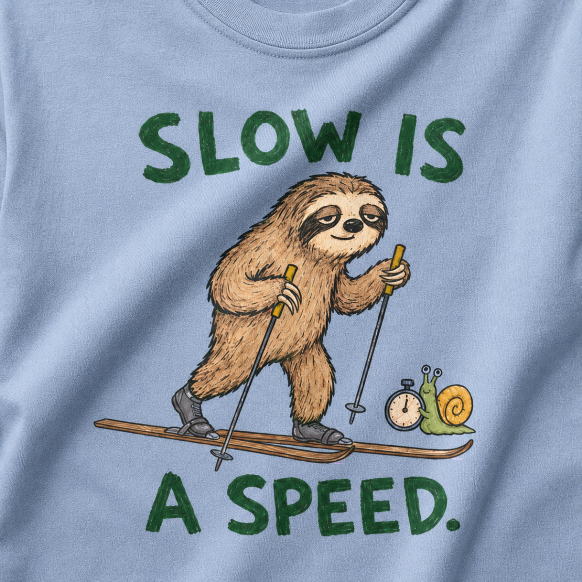 Close-up of a washed denim blue t-shirt featuring a relaxed sloth cross-country skiing beside a snail with a stopwatch and “Slow Is a Speed.” text.