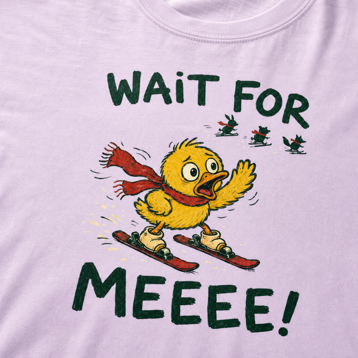 Close-up of an orchid t-shirt showing a worried duck skier calling after three distant animals, with bold “Wait for Meeee!” text.