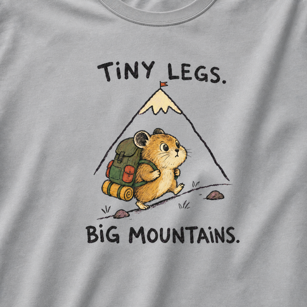 Close-up of a granite gray t-shirt featuring a determined hamster hiking uphill with a large backpack beneath “Tiny Legs. Big Mountains.” text.
