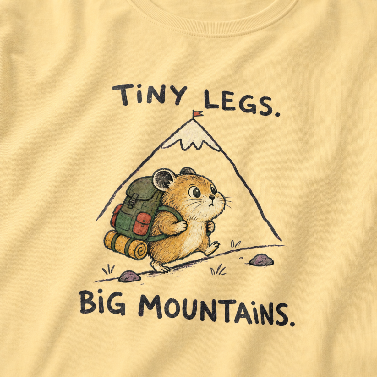 Close-up of a butter yellow t-shirt featuring a determined hamster hiking uphill with a large backpack beneath “Tiny Legs. Big Mountains.” text.