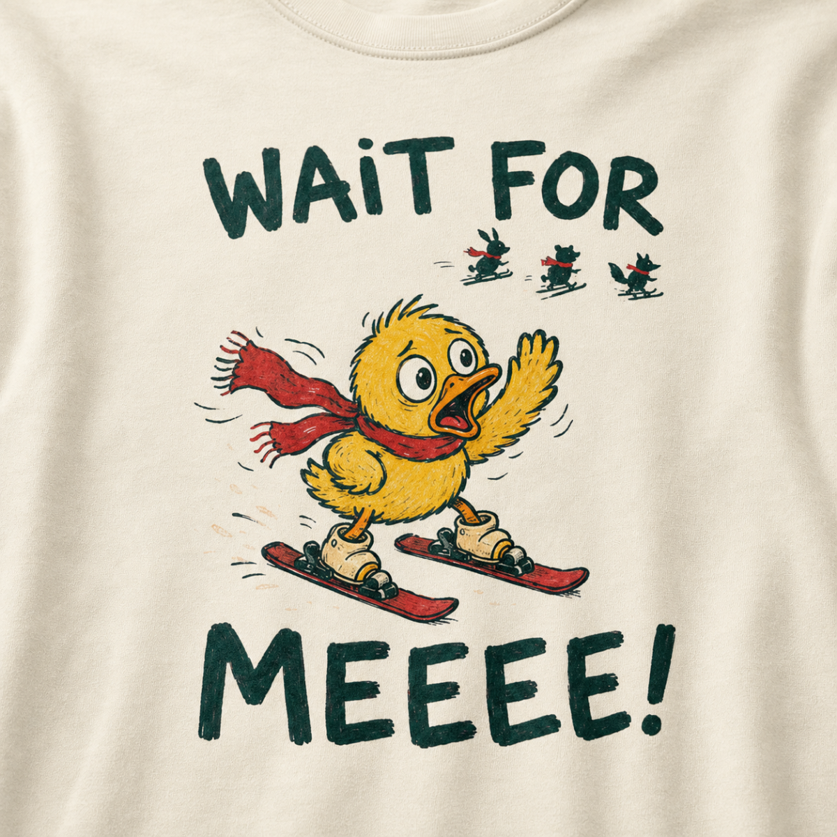 Close-up of an ivory white t-shirt showing a worried duck skier calling after three distant animals, with bold “Wait for Meeee!” text.