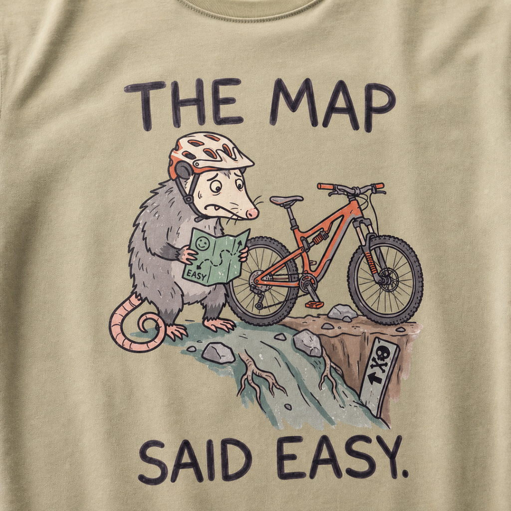 Close-up of a khaki t-shirt featuring a worried opossum checking an “easy” trail map beside a mountain bike at a steep drop, with “The Map Said Easy.” text.