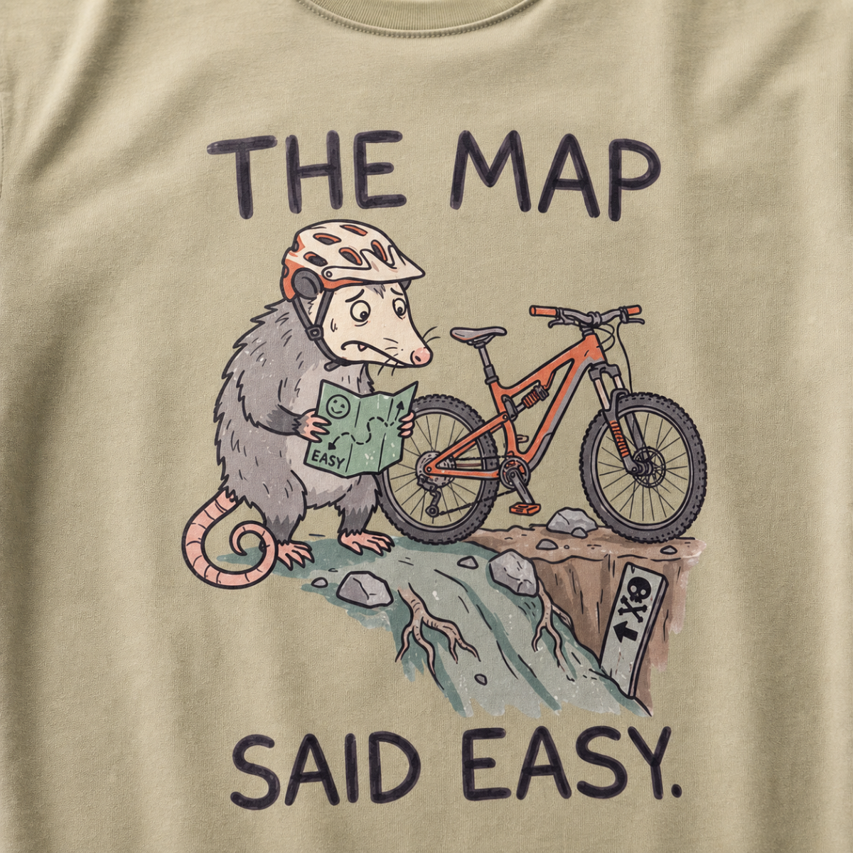 Close-up of a khaki t-shirt featuring a worried opossum checking an “easy” trail map beside a mountain bike at a steep drop, with “The Map Said Easy.” text.
